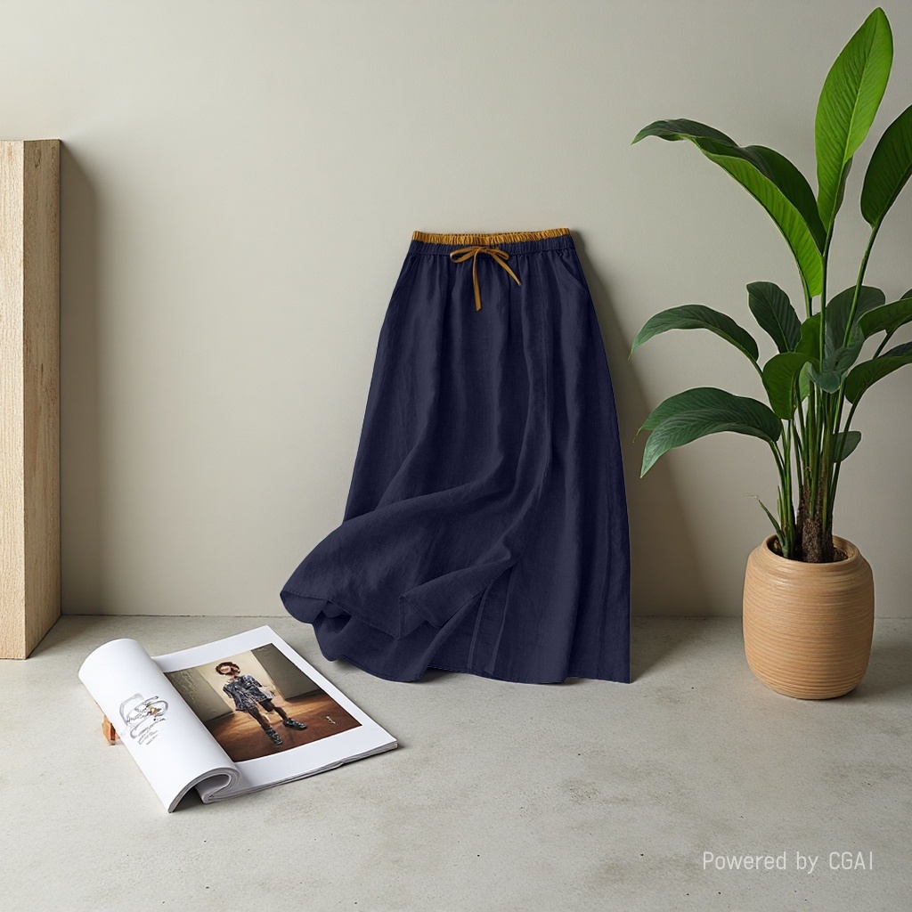 Real photo of artistic embroidery patchwork dress, elastic waist, color-matched A-line dress for women, retro linen loose mid-length skirt details Picture