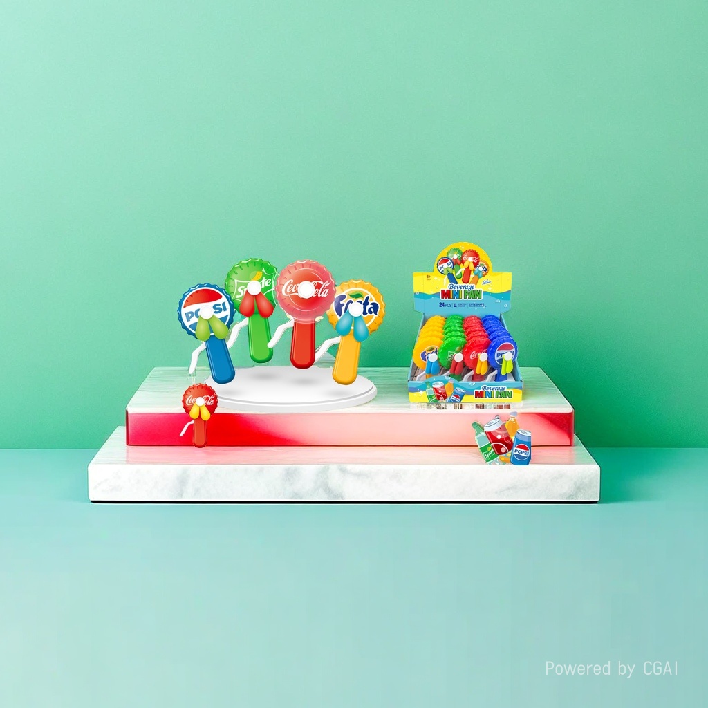 Mini electric fan in the shape of a colorful bottle cap, co-branded with Cola, Sprite, Fanta and Pepsi. It is a handheld small fan with dual blades that can be activated by pressing