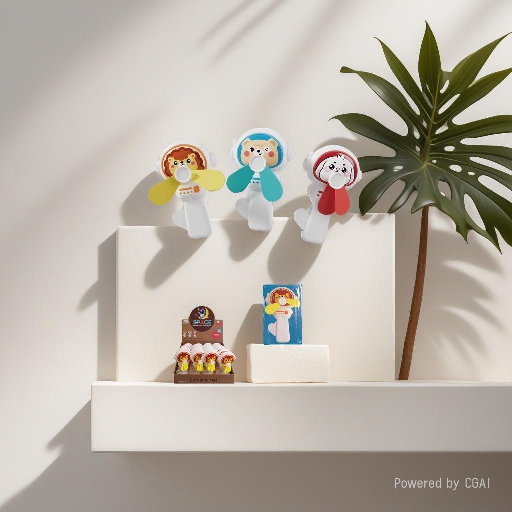 Canned Fish cartoon astronaut handheld fan, white body, colorful fan blades, lion, bear, rabbit three hand-pressed small fans Application Scenario