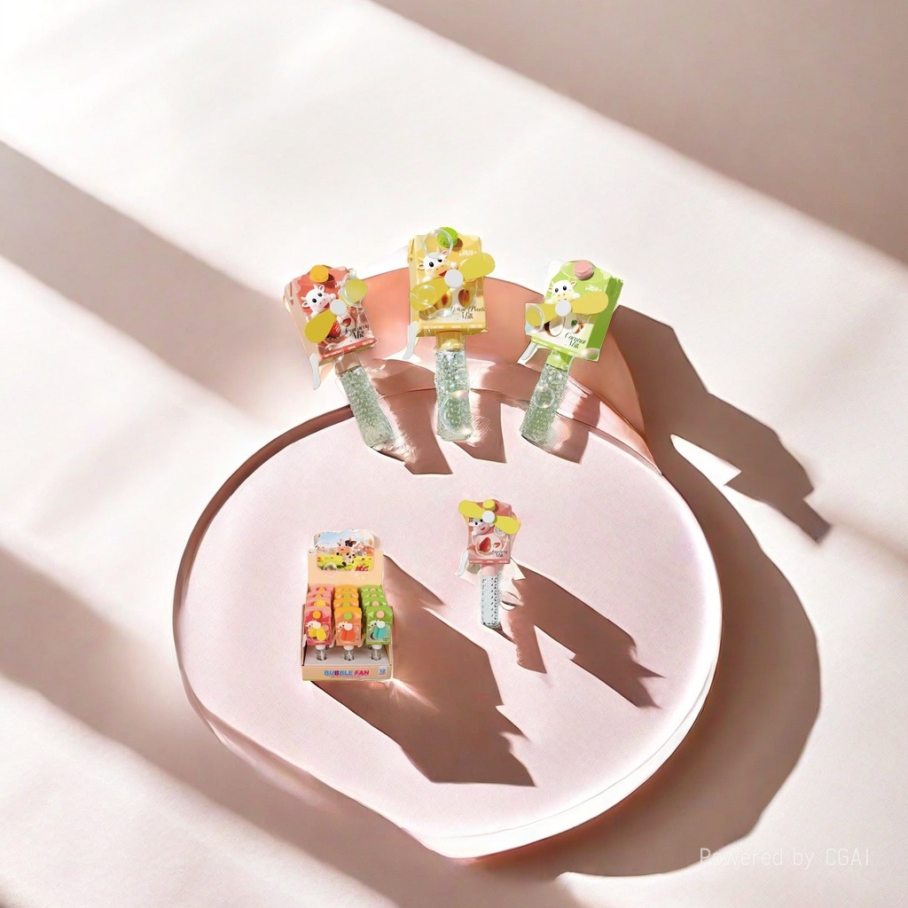 The colorful bubble fan toy comes with three flavors: strawberry, yellow peach and coconut. It is equipped with a yellow small fan and a transparent bubble bottle. The bubble machine features a grassland and blue sky scene Application Scenario