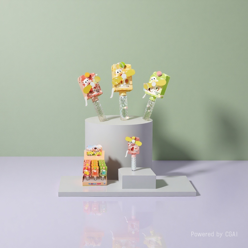 The colorful bubble fan toy comes with three flavors: strawberry, yellow peach and coconut. It is equipped with a yellow small fan and a transparent bubble bottle. The bubble machine features a grassland and blue sky scene