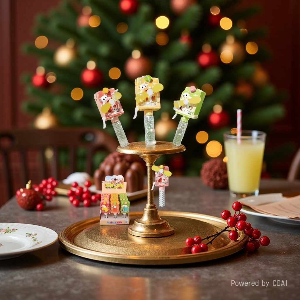 The colorful bubble fan toy comes with three flavors: strawberry, yellow peach and coconut. It is equipped with a yellow small fan and a transparent bubble bottle. The bubble machine features a grassland and blue sky scene Specification image