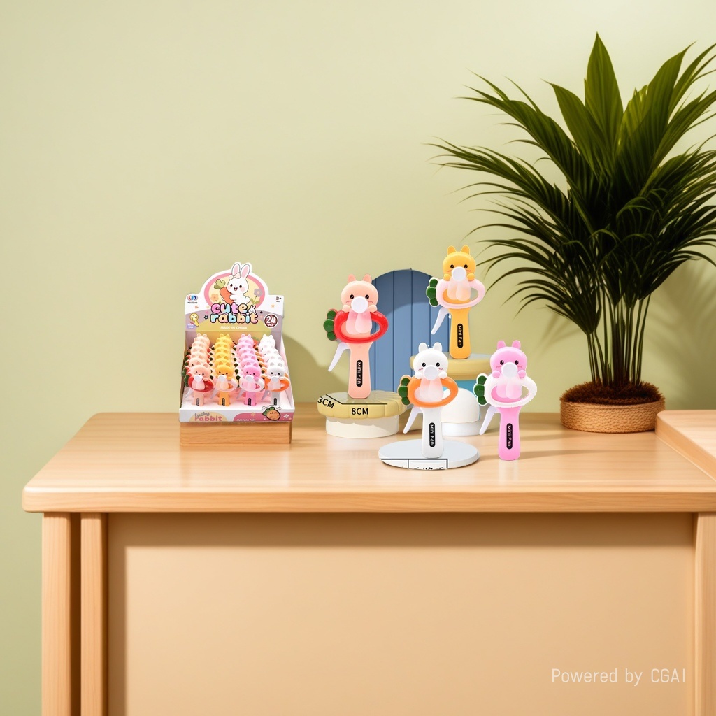 Mini hand-pressed fan in the shape of a colorful rabbit Specification image