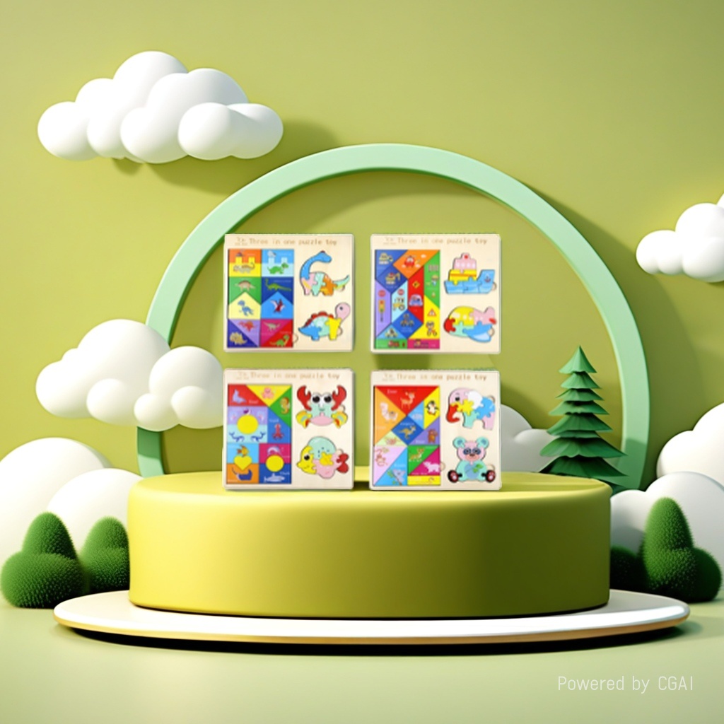 Three-in-one wooden jigsaw puzzle toys: Dinosaur, traffic, ocean, animal, 4 options available. Tangram + cartoon 3D block, children's shape recognition, early education and intelligence grab board Specification image