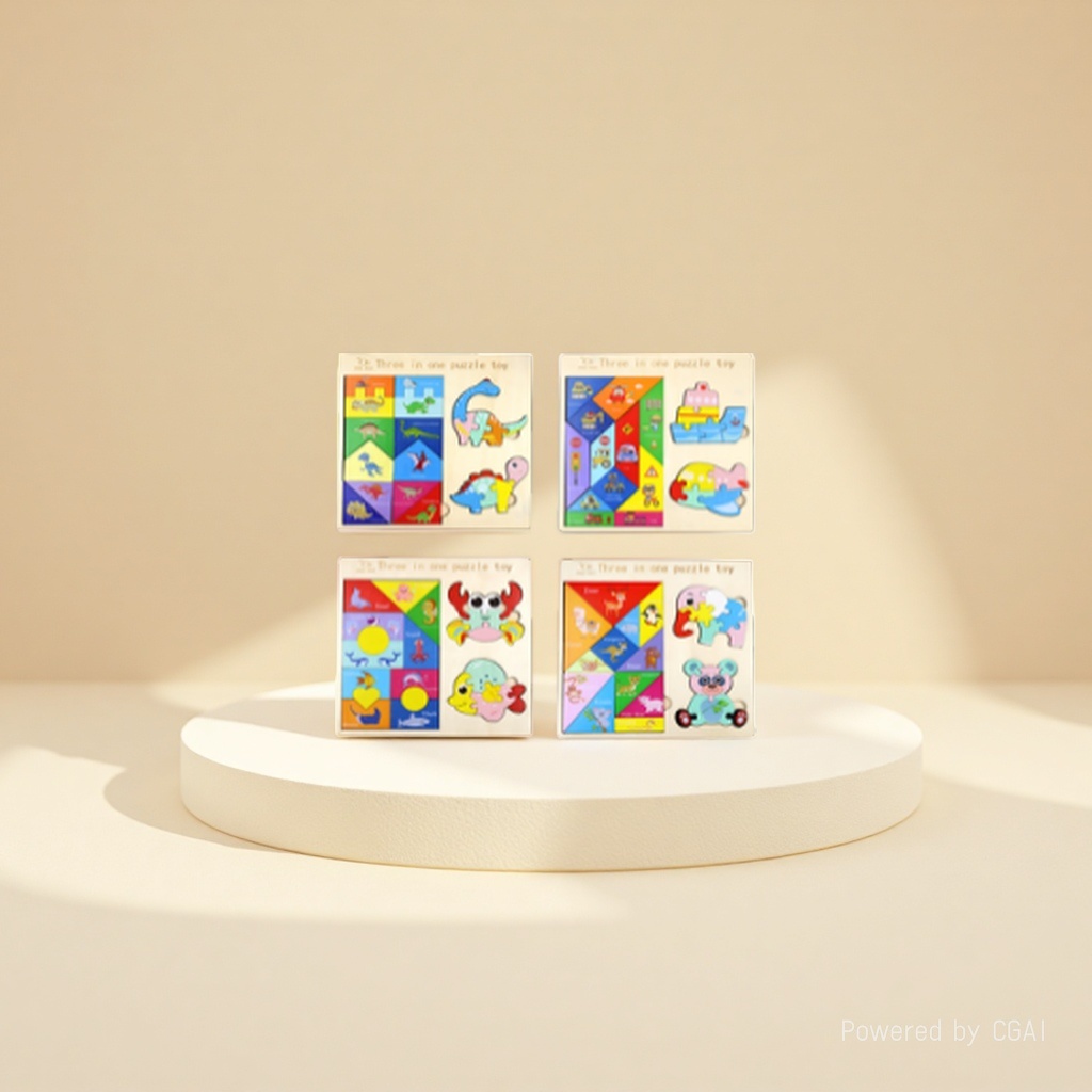 Three-in-one wooden jigsaw puzzle toys: Dinosaur, traffic, ocean, animal, 4 options available. Tangram + cartoon 3D block, children's shape recognition, early education and intelligence grab board Application Scenario