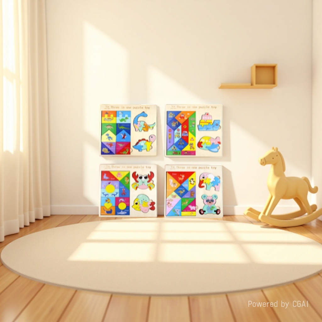 Three-in-one wooden jigsaw puzzle toys: Dinosaur, traffic, ocean, animal, 4 options available. Tangram + cartoon 3D block, children's shape recognition, early education and intelligence grab board details Picture