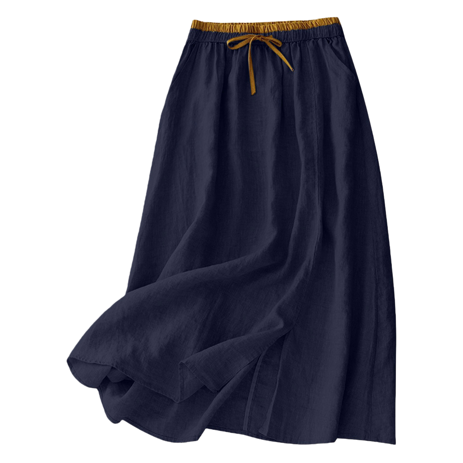 Real photo of artistic embroidery patchwork dress, elastic waist, color-matched A-line dress for women, retro linen loose mid-length skirt Item Picture
