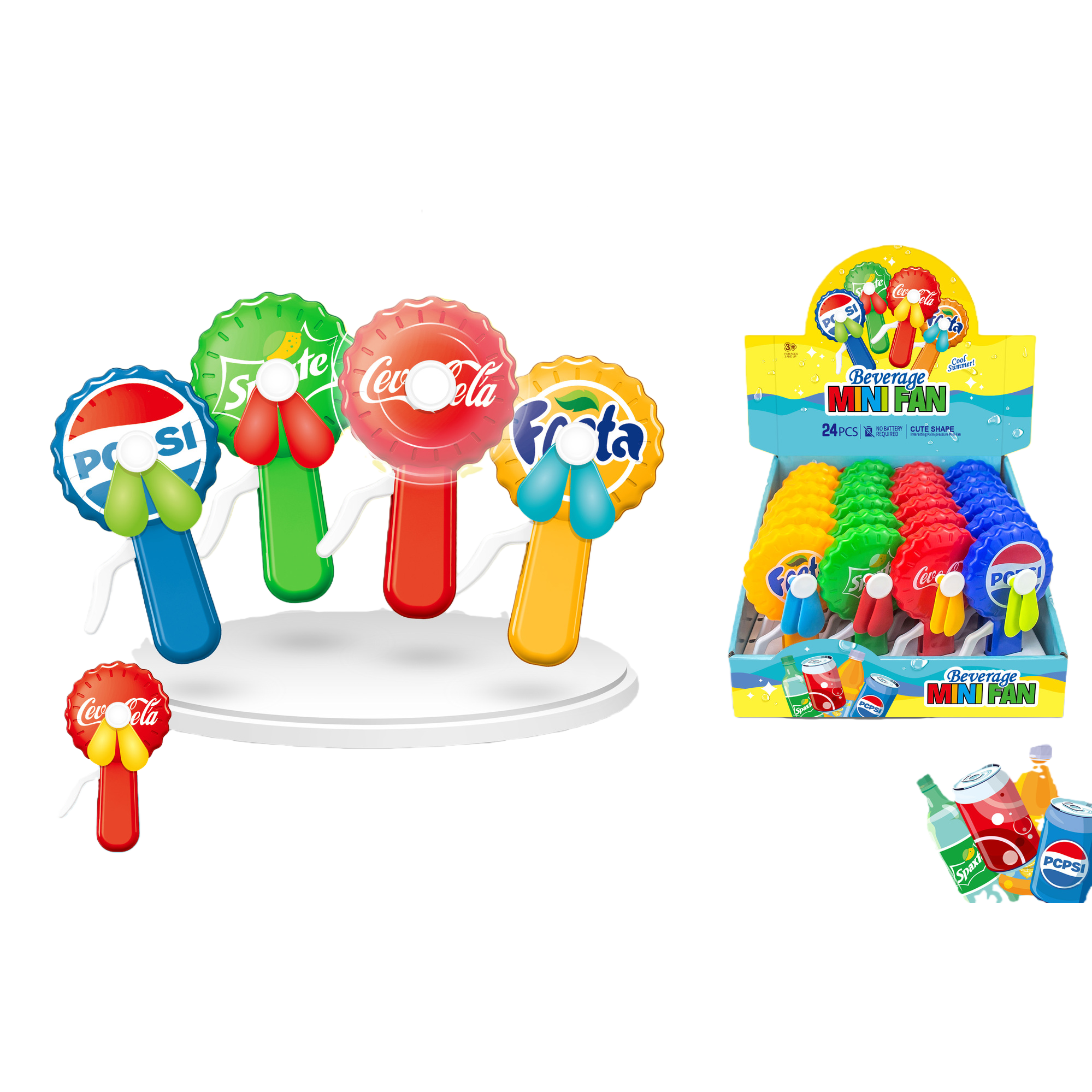 Mini electric fan in the shape of a colorful bottle cap, co-branded with Cola, Sprite, Fanta and Pepsi. It is a handheld small fan with dual blades that can be activated by pressing Item Picture