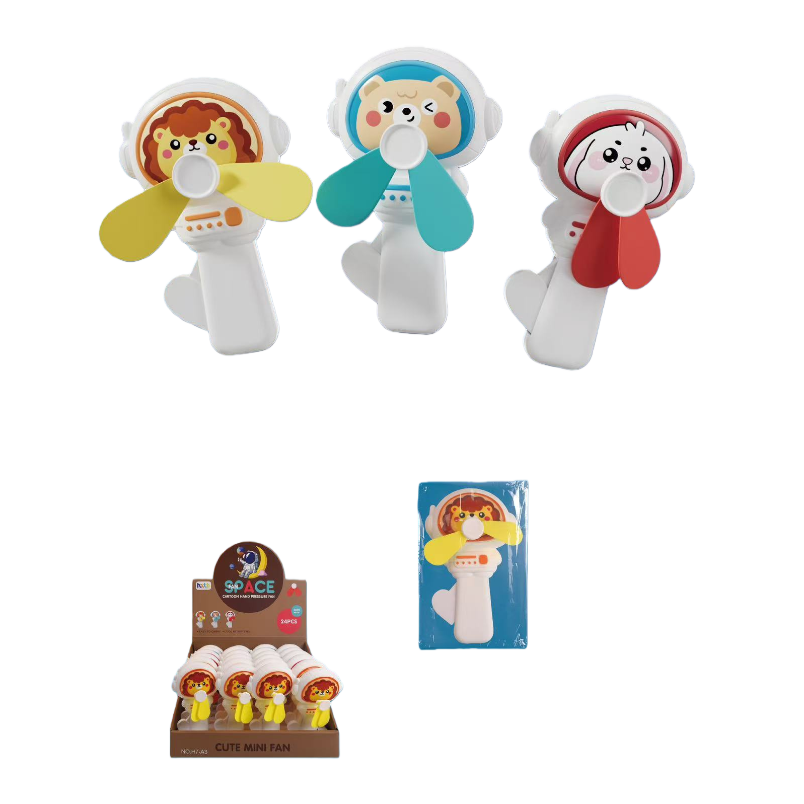 Canned Fish cartoon astronaut handheld fan, white body, colorful fan blades, lion, bear, rabbit three hand-pressed small fans Item Picture