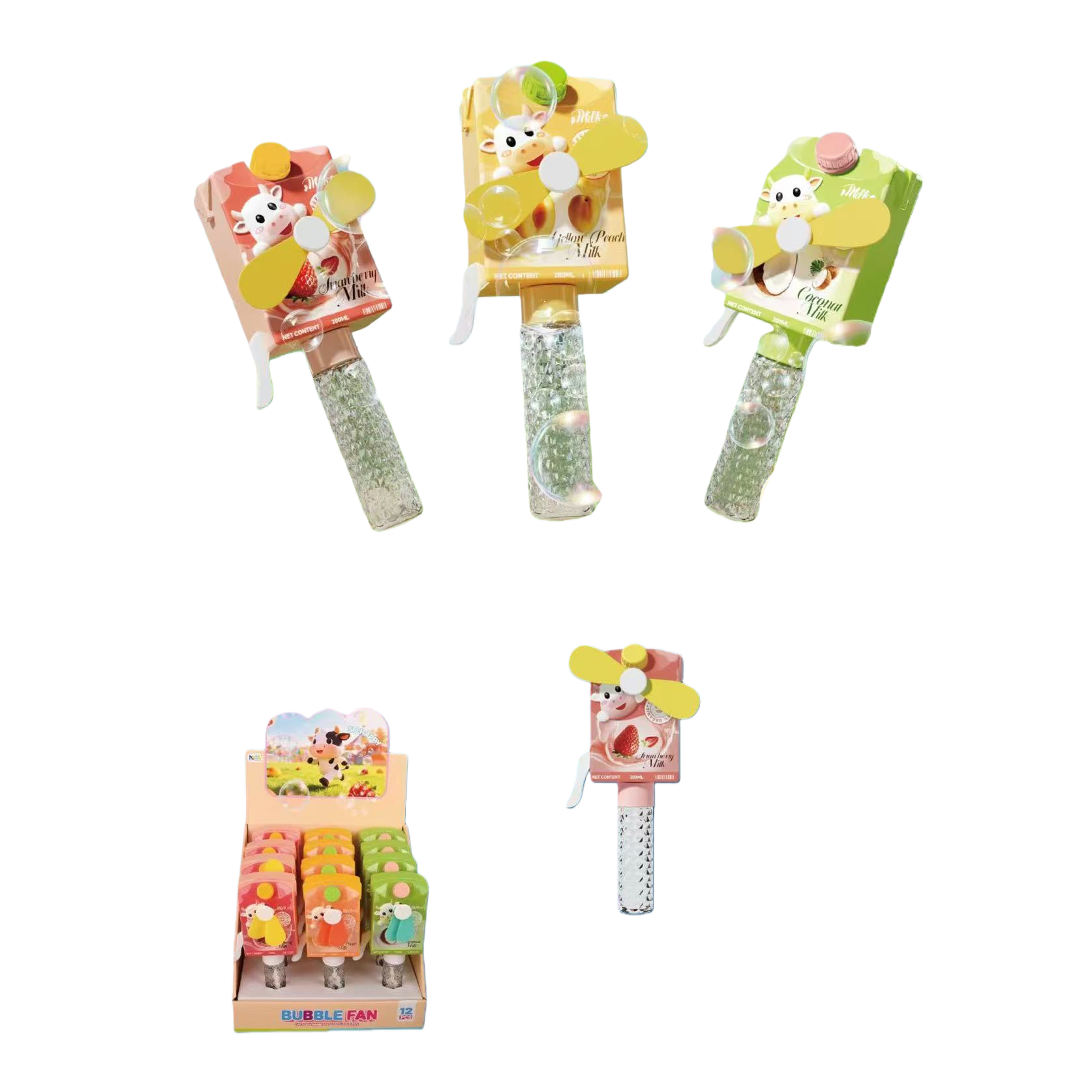 The colorful bubble fan toy comes with three flavors: strawberry, yellow peach and coconut. It is equipped with a yellow small fan and a transparent bubble bottle. The bubble machine features a grassland and blue sky scene Item Picture