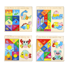 Three-in-one wooden jigsaw puzzle toys: Dinosaur, traffic, ocean, animal, 4 options available. Tangram + cartoon 3D block, children's shape recognition, early education and intelligence grab board Item Picture