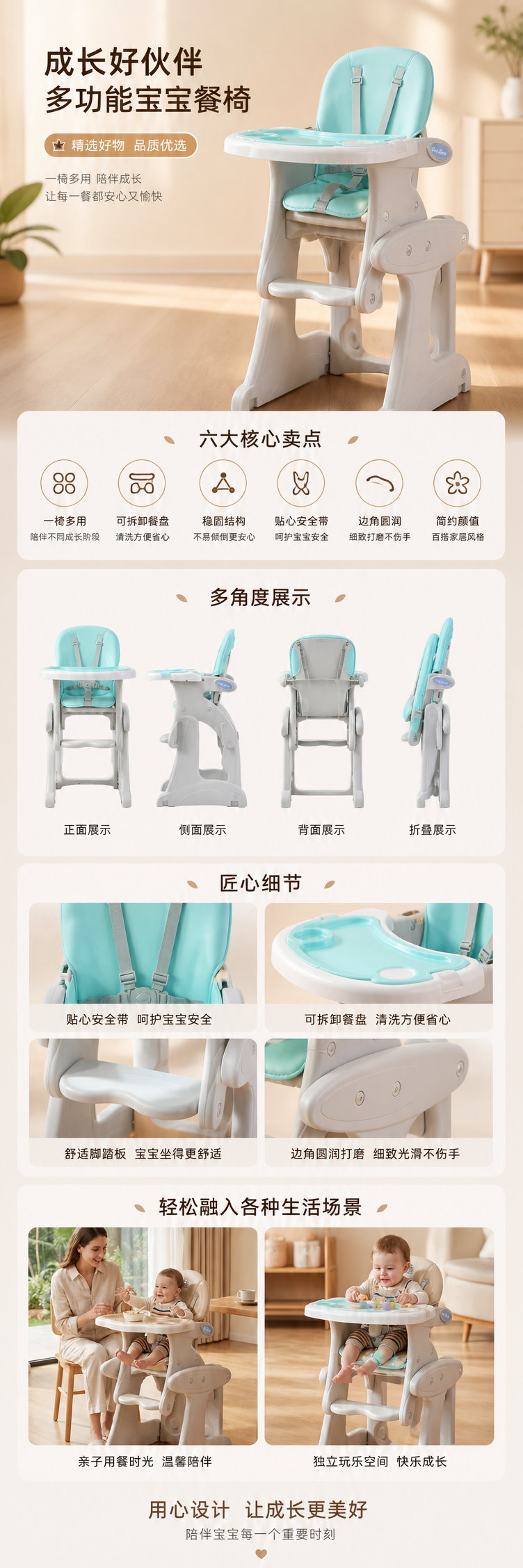 米色儿童餐椅婴儿专用可调节成长凳母婴共用餐桌椅跨境款详情1