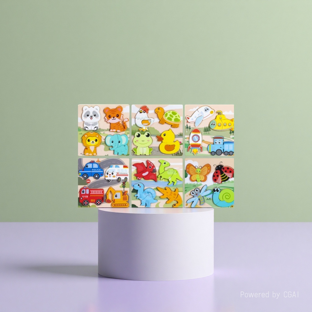 Wooden cartoon three-dimensional jigsaw puzzles for animals, dinosaurs, insects, engineering vehicles, traffic, poultry, babies, hand-held grabbers, children's early education and intelligence toys details Picture