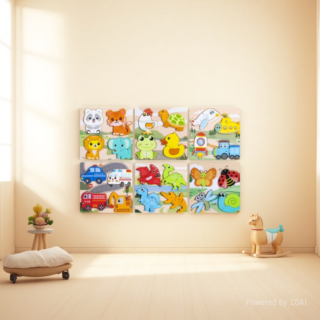 Wooden cartoon three-dimensional jigsaw puzzles for animals, dinosaurs, insects, engineering vehicles, traffic, poultry, babies, hand-held grabbers, children's early education and intelligence toys Application Scenario