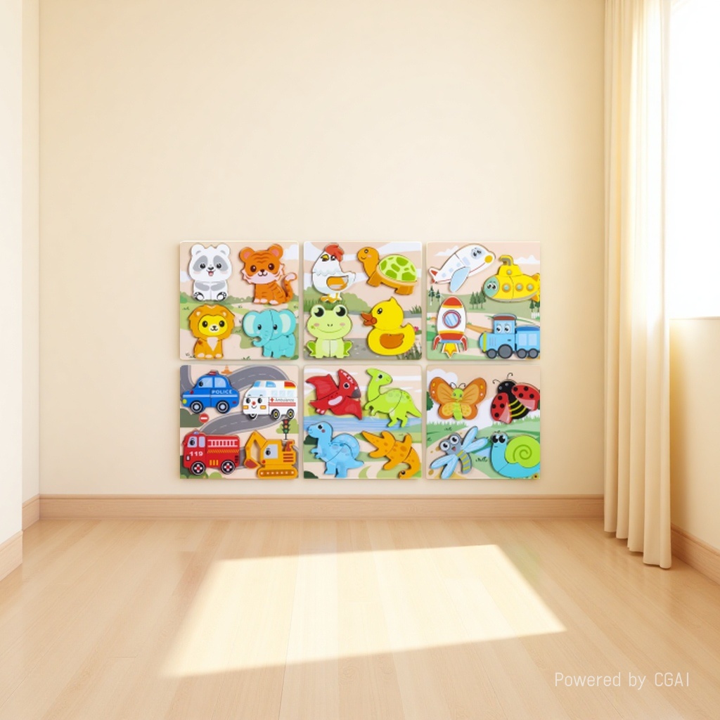 Wooden cartoon three-dimensional jigsaw puzzles for animals, dinosaurs, insects, engineering vehicles, traffic, poultry, babies, hand-held grabbers, children's early education and intelligence toys Item Picture