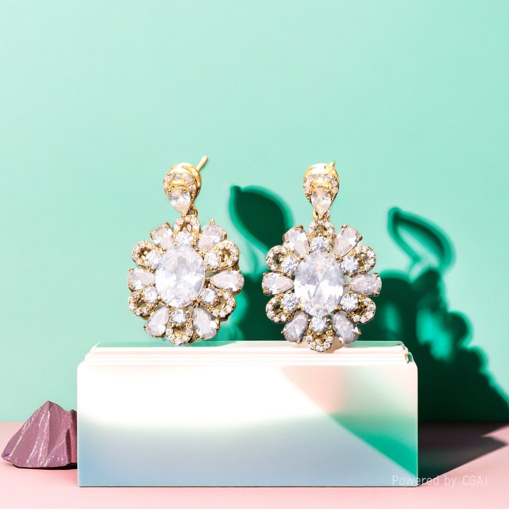 New copper-plated real gold inlaid zircon S925 silver needle luxurious and elegant stud earrings