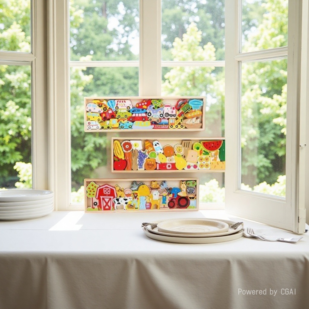 Three long wooden boxes for storing wooden cognitive vehicles, fruits, vegetables, farm animals, children's picture recognition, early education puzzles, and jenga toys details Picture