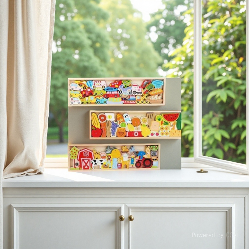 Three long wooden boxes for storing wooden cognitive vehicles, fruits, vegetables, farm animals, children's picture recognition, early education puzzles, and jenga toys