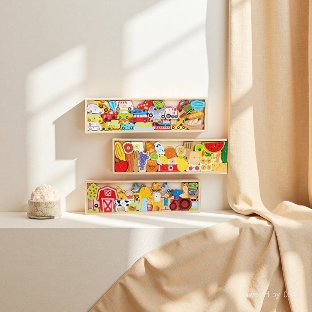 Three long wooden boxes for storing wooden cognitive vehicles, fruits, vegetables, farm animals, children's picture recognition, early education puzzles, and jenga toys Application Scenario