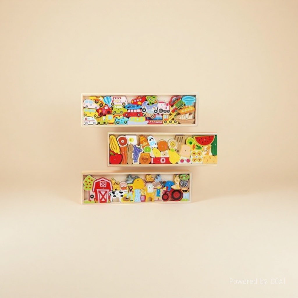 Three long wooden boxes for storing wooden cognitive vehicles, fruits, vegetables, farm animals, children's picture recognition, early education puzzles, and jenga toys Specification image