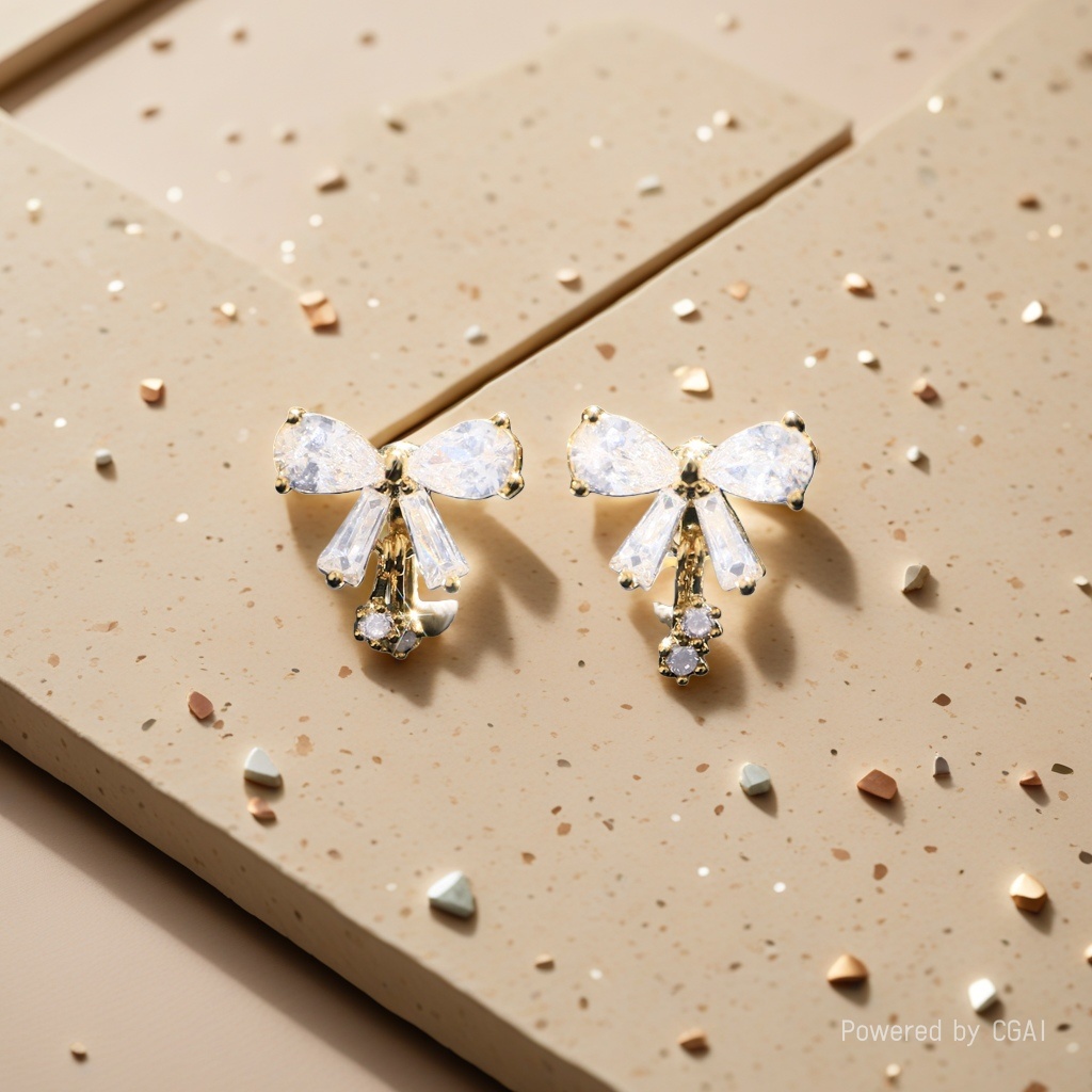 Xuhui brand copper-plated real gold and zircon inlaid stylish bow commuter ear clips and earrings details Picture