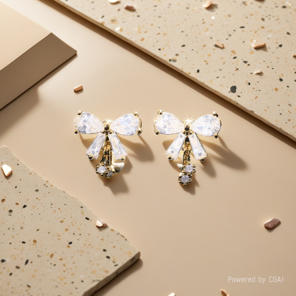 Xuhui brand copper-plated real gold and zircon inlaid stylish bow commuter ear clips and earrings Specification image