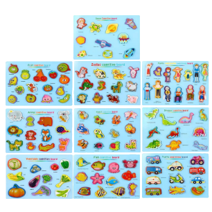 Cartoon recognition, wooden hand-held jigsaw puzzle, fruits and vegetables, twelve Chinese zodiac signs, dinosaurs, ocean, transportation vehicles, children's picture recognition, early education and intelligence puzzle board toys Item Picture