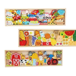 Three long wooden boxes for storing wooden cognitive vehicles, fruits, vegetables, farm animals, children's picture recognition, early education puzzles, and jenga toys Item Picture