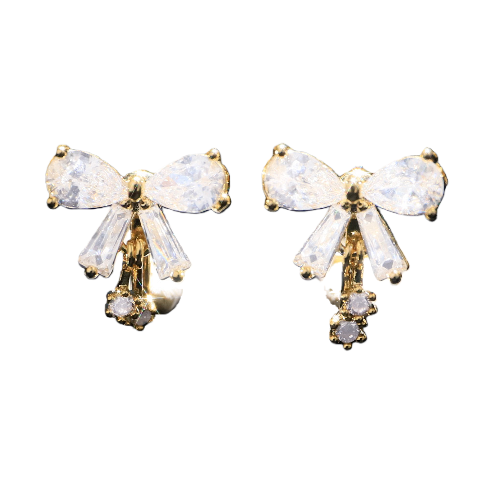 Xuhui brand copper-plated real gold and zircon inlaid stylish bow commuter ear clips and earrings Item Picture