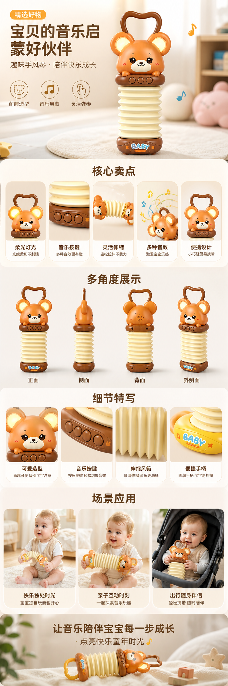 黄色小熊造型婴儿手风琴玩具 拍手发声益智早教玩具详情1
