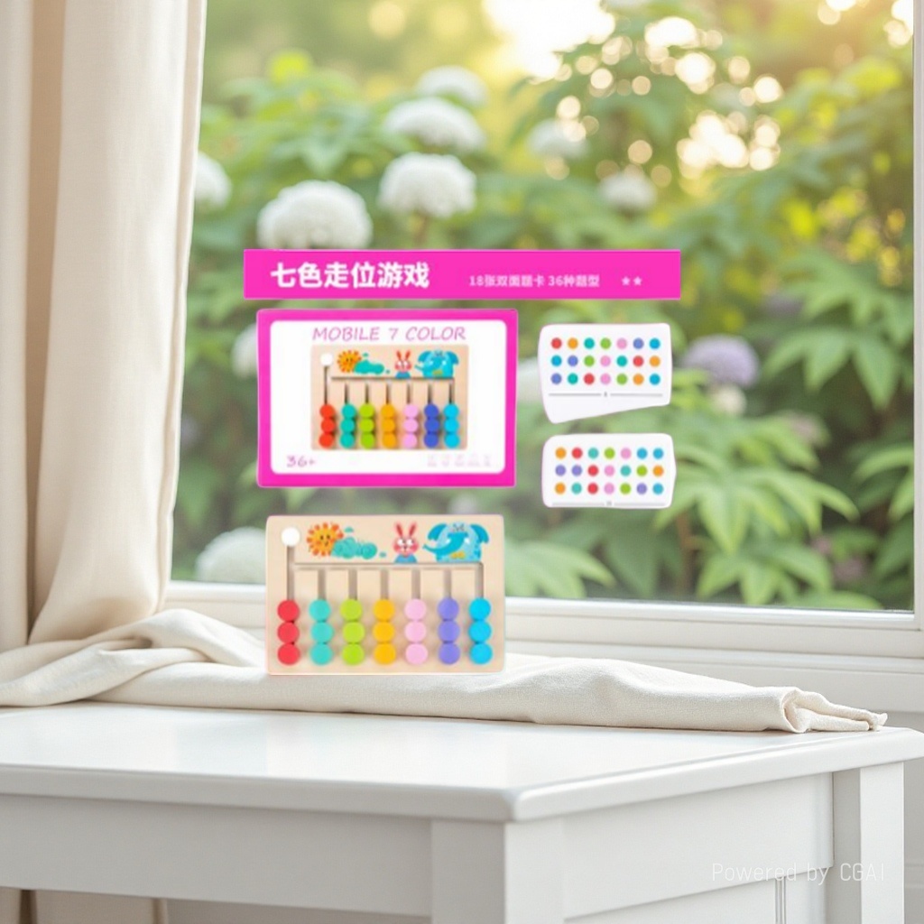 Seven-color moving wooden logic board game, seven-color bead track slider matching, 18 double-sided question cards, children's color sorting, concentration, early education and intelligence toy
