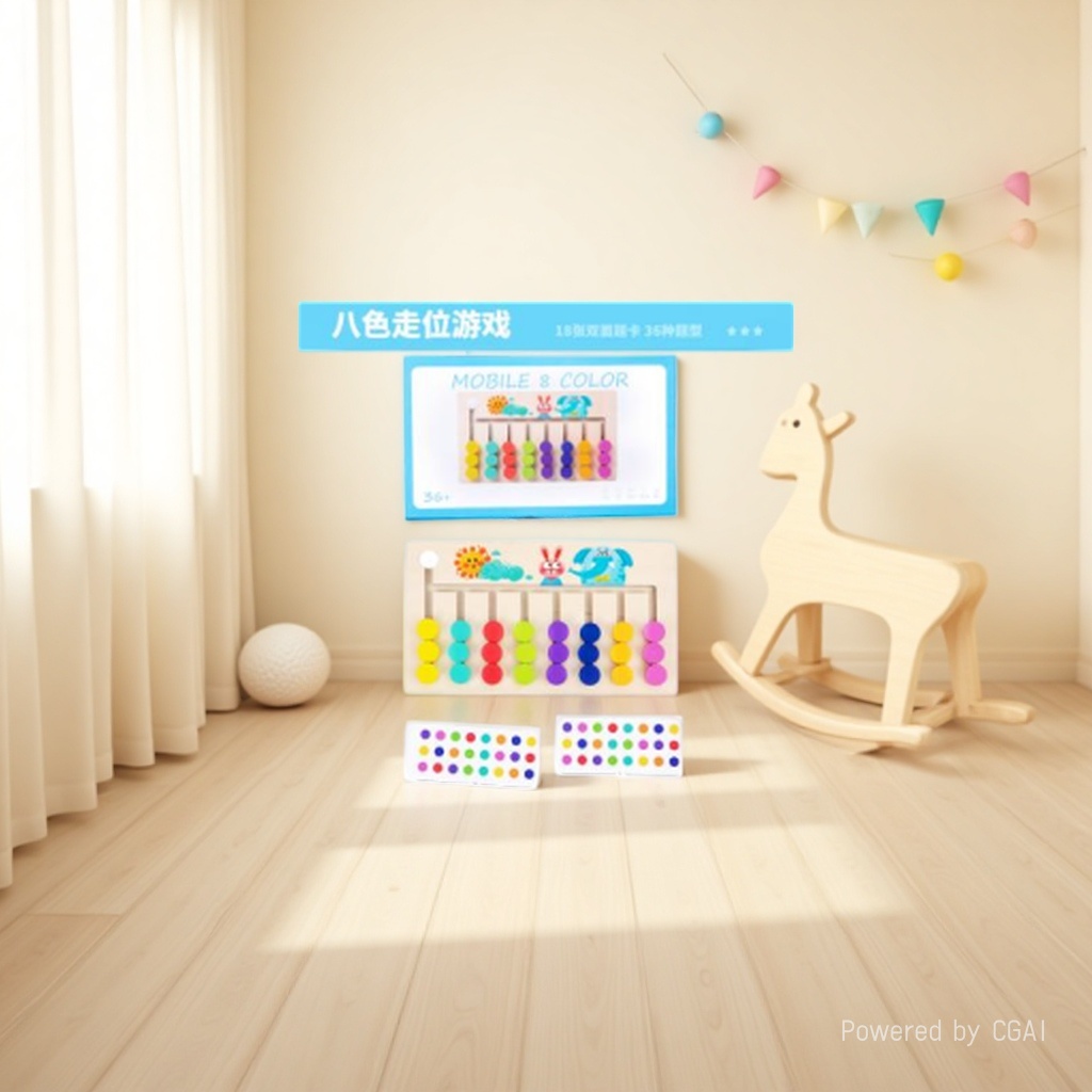 Eight-color moving wooden logic game, eight-track colored bead slider matching, 18 double-sided question cards, children's thinking early education and intelligence board game