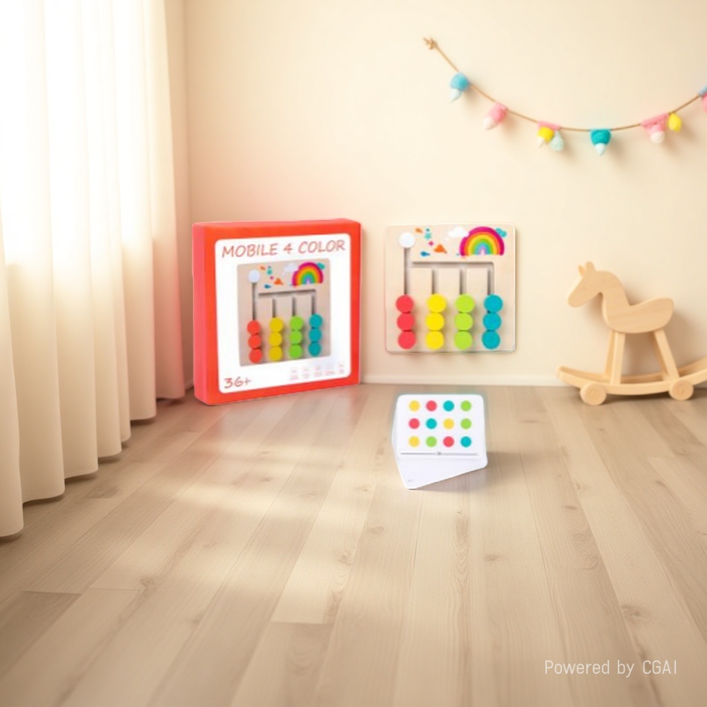 Four-color wooden logic game, four-track colored bead slider matching, 18 double-sided question cards, children's thinking early education and intelligence board game
