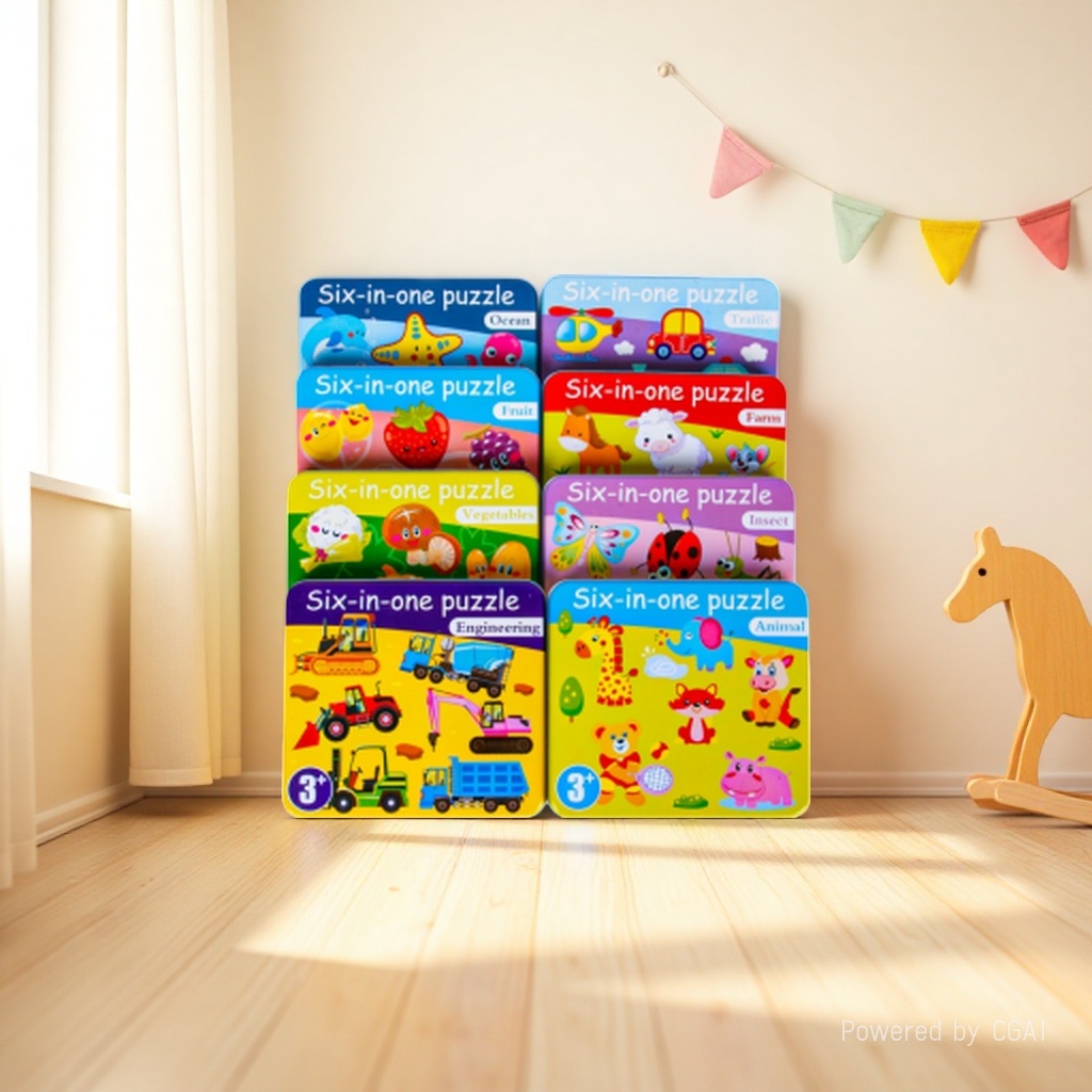 "Six-in-one Iron box jigsaw puzzle: Ocean, Transportation, Fruits and Vegetables, Farm, Insects, Engineering, Animals, 8 major themes, baby's introductory cognitive early education jigsaw puzzle toys.