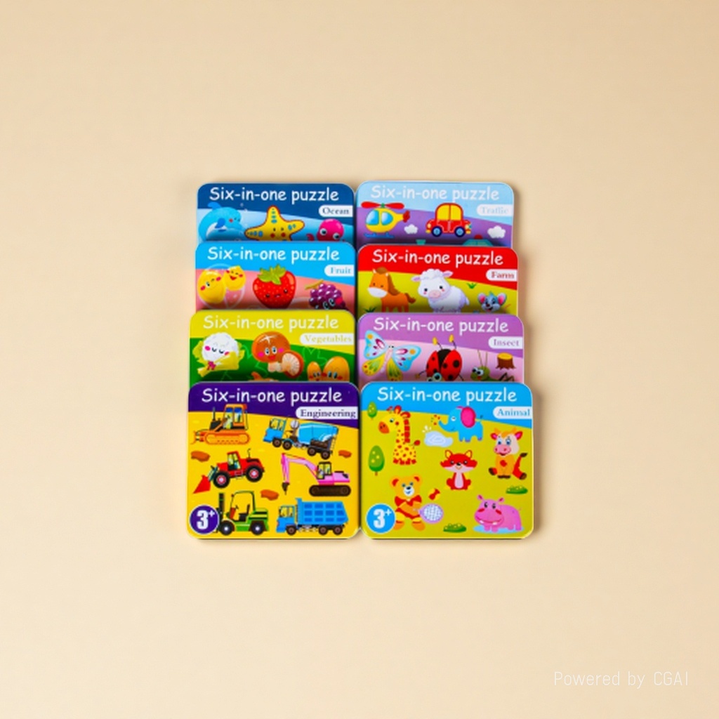 "Six-in-one Iron box jigsaw puzzle: Ocean, Transportation, Fruits and Vegetables, Farm, Insects, Engineering, Animals, 8 major themes, baby's introductory cognitive early education jigsaw puzzle toys. Specification image