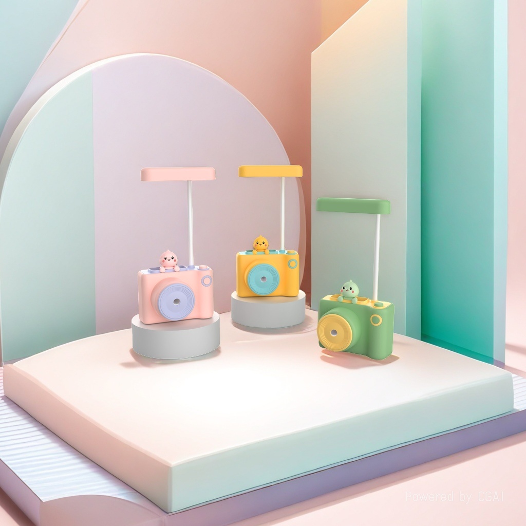 A colorful cartoon camera-shaped decorative table lamp with a pen holder for storing pencil sharpeners Application Scenario