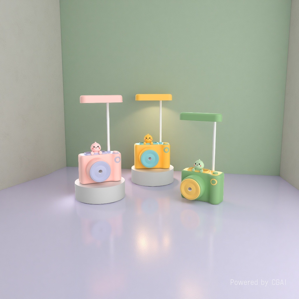 A colorful cartoon camera-shaped decorative table lamp with a pen holder for storing pencil sharpeners Specification image