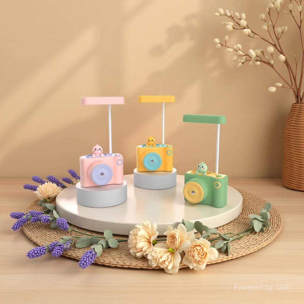 A colorful cartoon camera-shaped decorative table lamp with a pen holder for storing pencil sharpeners