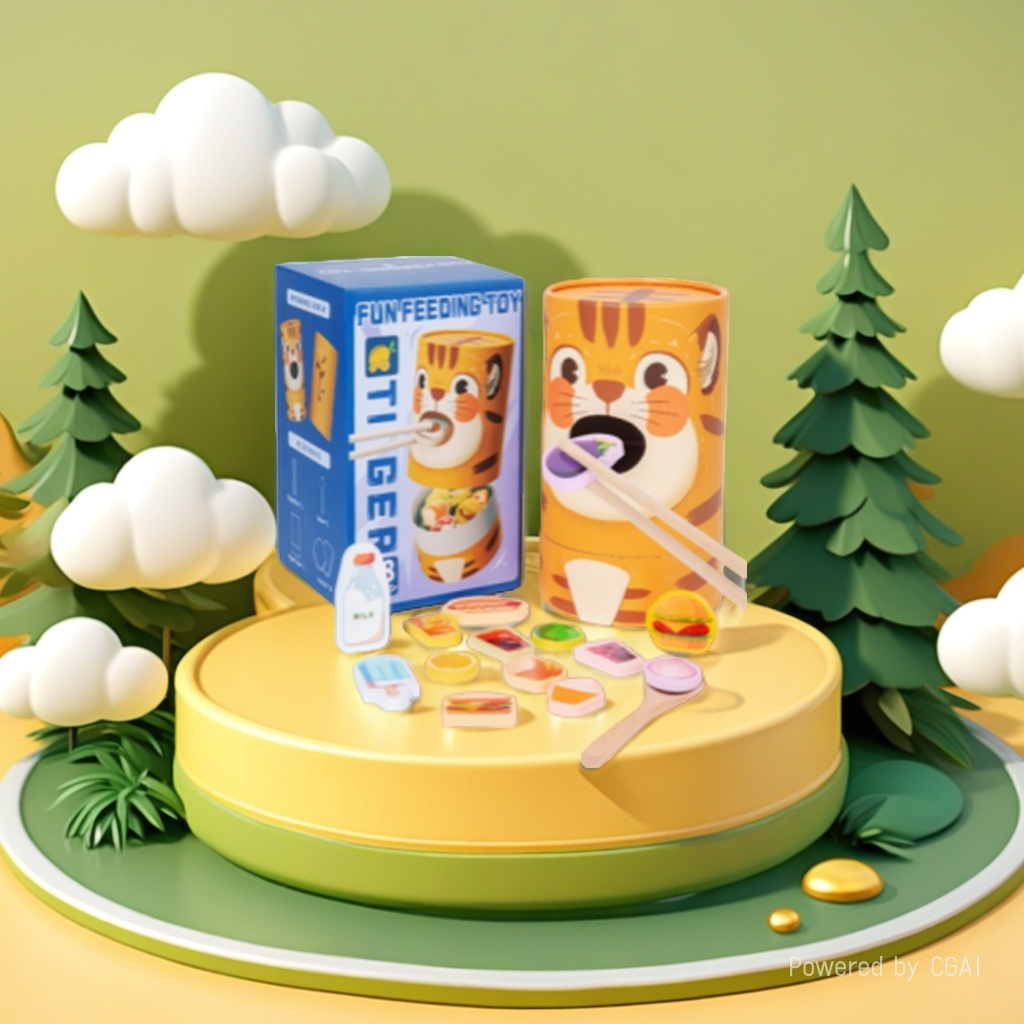 Tiger FEEDING Chopstick Wooden TOY FUN FEEDING TOY, simulated food, wooden chips, baby practice chopsticks, fine motor skills, role-playing and intelligence toy