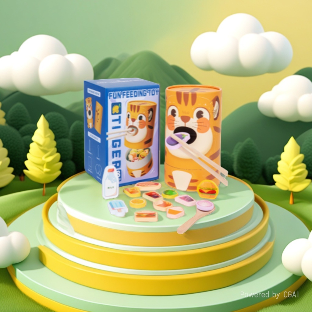 Tiger FEEDING Chopstick Wooden TOY FUN FEEDING TOY, simulated food, wooden chips, baby practice chopsticks, fine motor skills, role-playing and intelligence toy details Picture