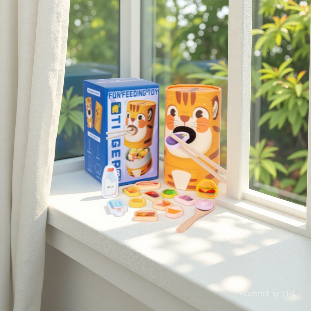 Tiger FEEDING Chopstick Wooden TOY FUN FEEDING TOY, simulated food, wooden chips, baby practice chopsticks, fine motor skills, role-playing and intelligence toy Specification image
