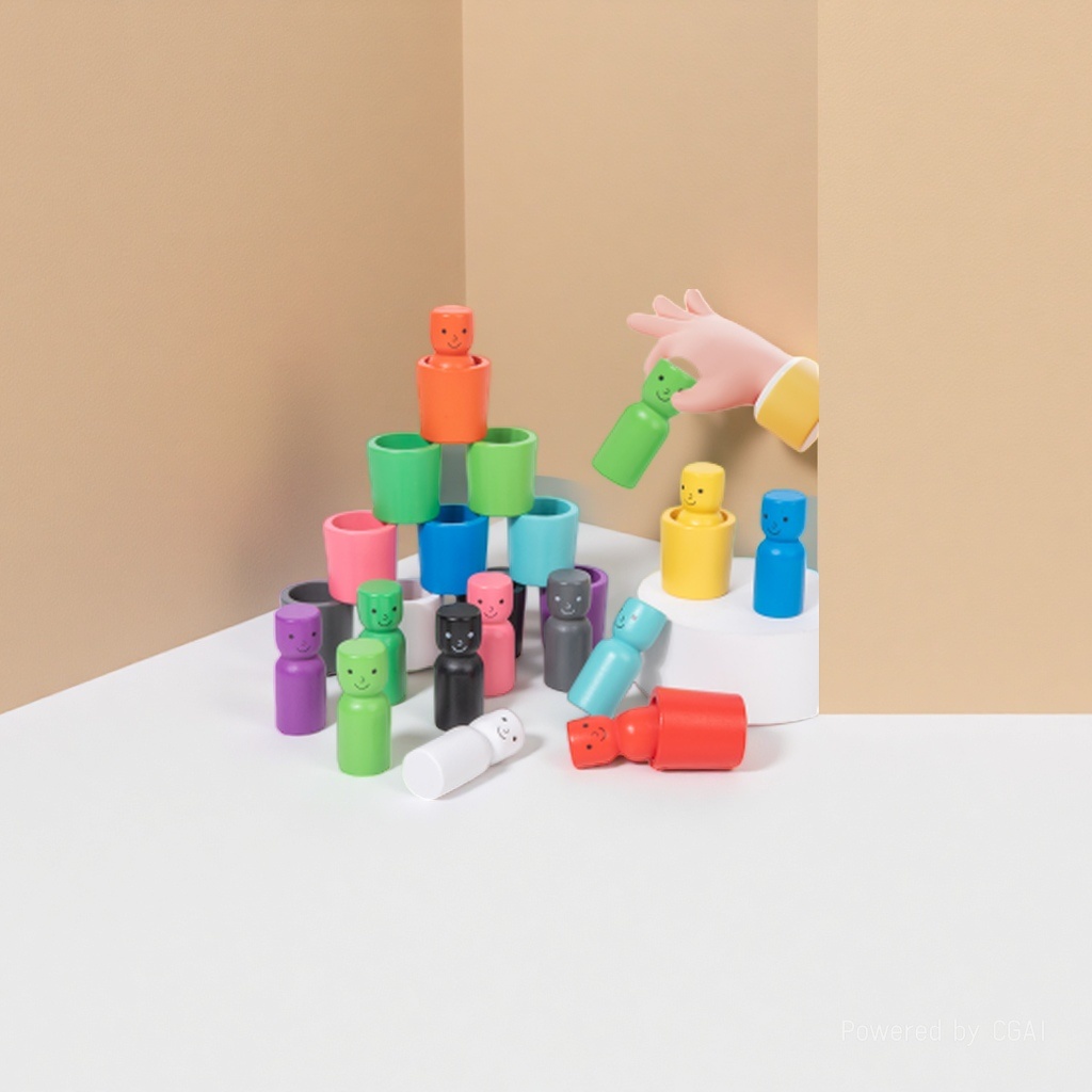 Rainbow Little Person set Cup Balanced Stacking Fun Multi-color little person sleeve stacking baby color cognition concentration early education wooden toy Specification image