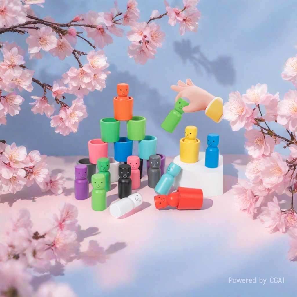 Rainbow Little Person set Cup Balanced Stacking Fun Multi-color little person sleeve stacking baby color cognition concentration early education wooden toy details Picture