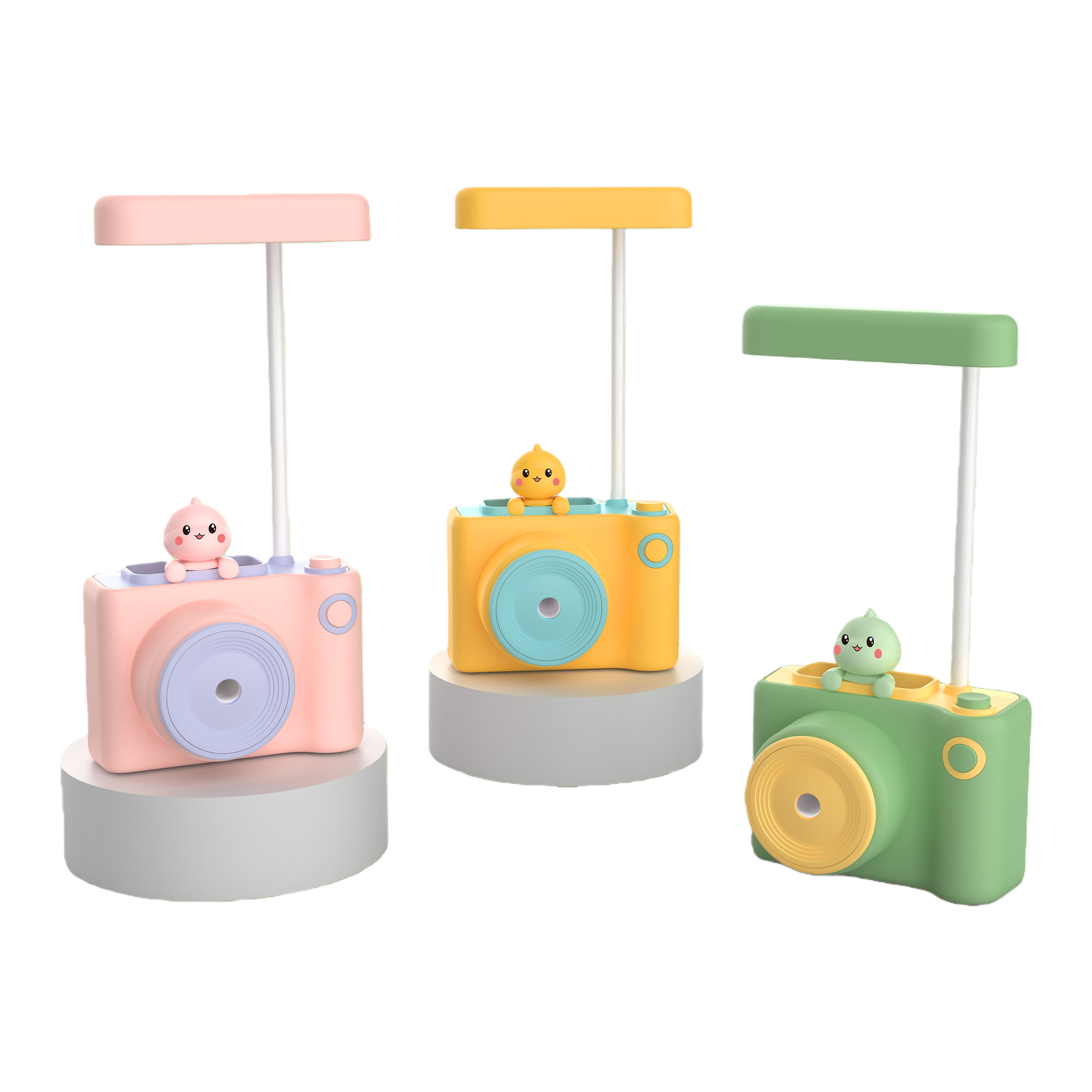 A colorful cartoon camera-shaped decorative table lamp with a pen holder for storing pencil sharpeners Item Picture