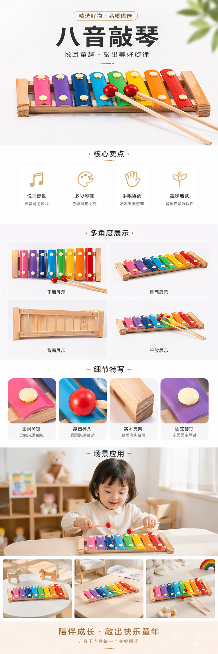 木质八音敲琴 彩虹八色金属音片小木琴宝宝音乐启蒙早教打击乐器玩具详情1