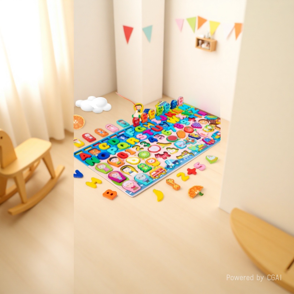Five-in-one Magnetic Fishing Vietnamese Language Recognition board, Vietnamese alphabet, number, character, fruit and vegetable magnetic fishing matching, baby early education Wooden toy details Picture