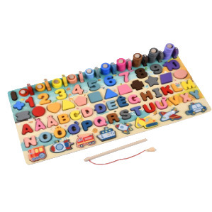 Five-in-one magnetic fishing board, digital letter shape, traffic bead magnetic fishing matching, baby early education wooden cognitive toy Item Picture