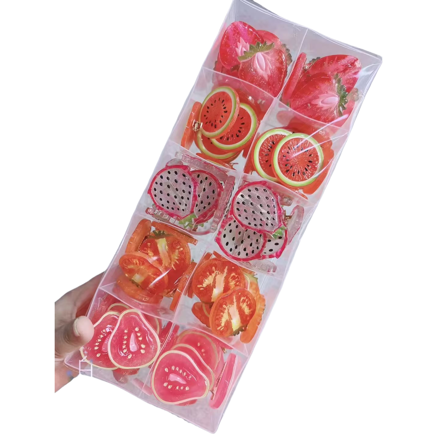 Transparent fruit-shaped pearl grab hair accessory in compartments box set Item Picture
