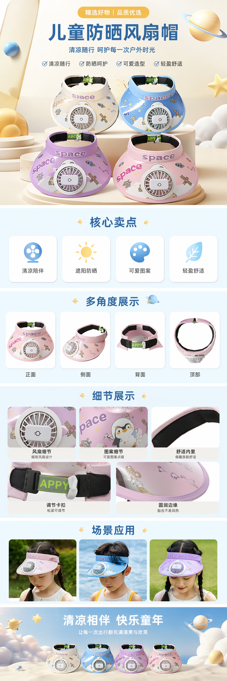 卡通防晒帽带风扇韩版春夏休闲棒球帽详情1