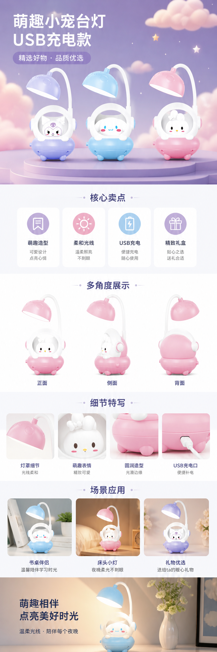 三款卡通宠物造型台灯 紫色蓝色粉色可调节台灯 pic 1